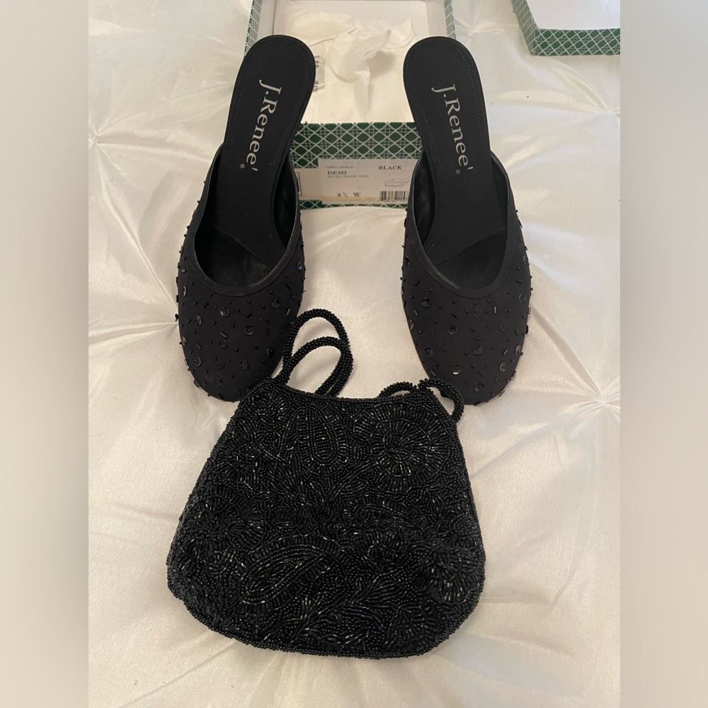 Beaded black low heels and matching beaded purse